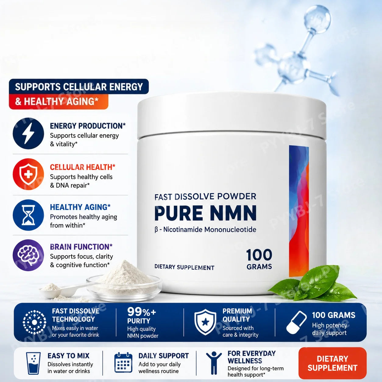 NMN 100g Powder: Pure β-Nicotinamide Powder (Supports Fast Dissolve, Vegan NAD+ Levels & Cellular Energy)