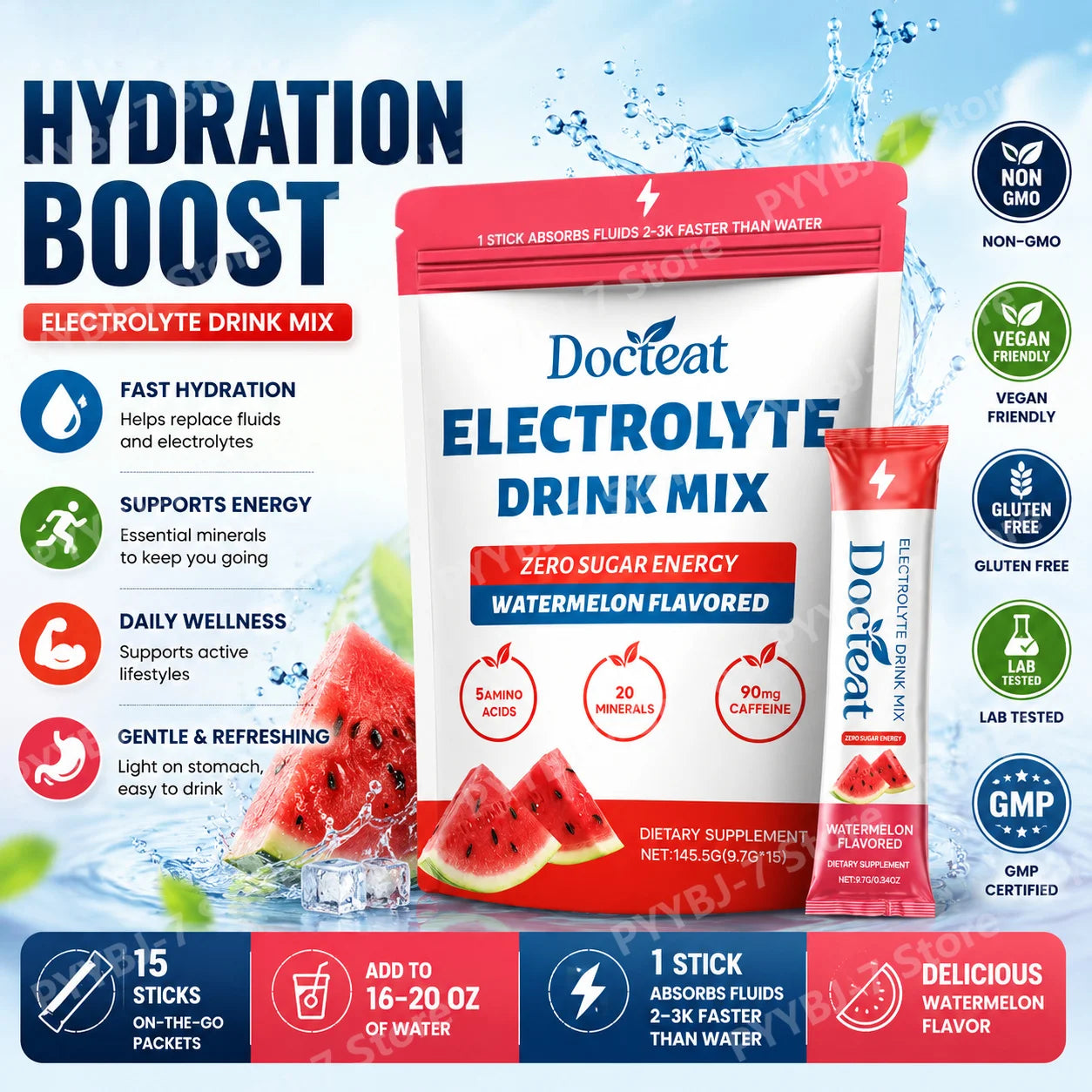 Electrolyte Drink Mix: Zero Sugar with 90mg Caffeine Amino Acids, Minerals, Vitamins